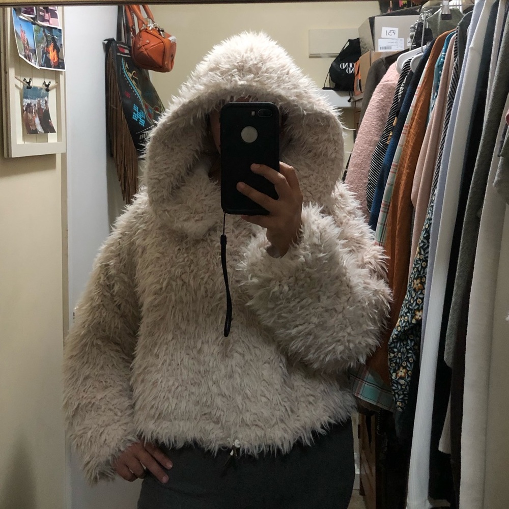 Free People faux fur coat Jacket XS With Hood Oversize FP One Zuri Ivory